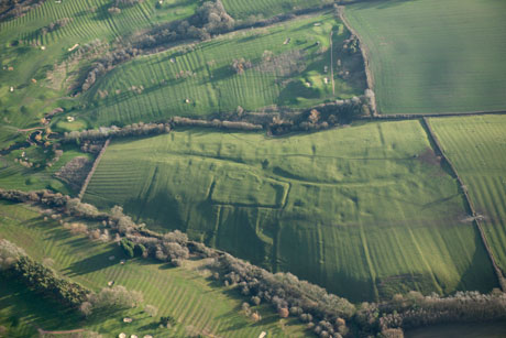 Aerial view of the deserted medieval village of Little Oxenden © English Heritage