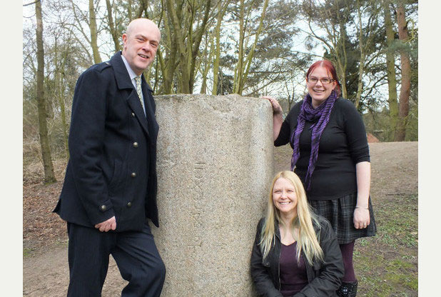 Councillor John Knight, Lorraine Horsley and Emily Gillott with the Roman pillar drum