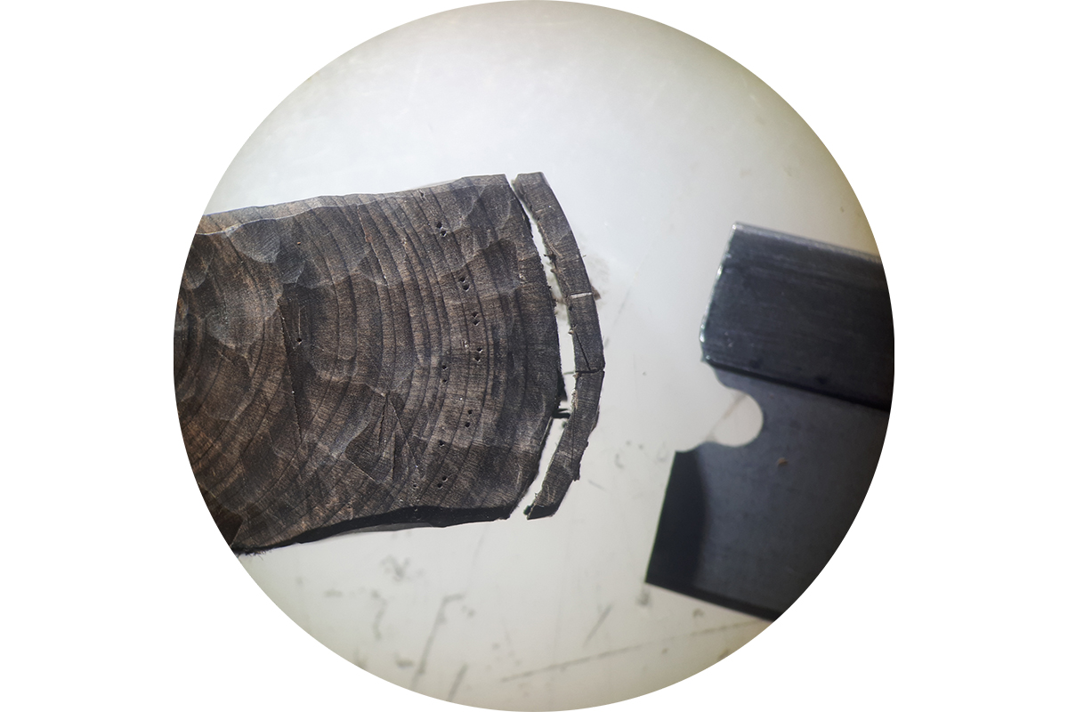 Microscope photo of the actual tree-rings where the Miyake event of 5259 BC was detected. The "event ring" is right below the ring which has a series of double dots. To the naked eye the "event ring" is not in any way different than the other rings, since the Miyake event would have not influenced the anatomy of trees. The width of the razor blade in the background is 1.8 cm. © University of Bern, image: Andrej Maczkowski